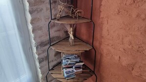 Een metalen boekenkast met een lijst, een decoratieve fiets en boeken.