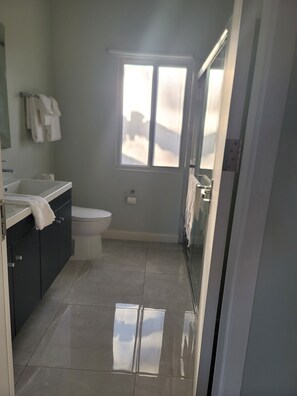 House | Bathroom | Shower, hydromassage showerhead, hair dryer, towels