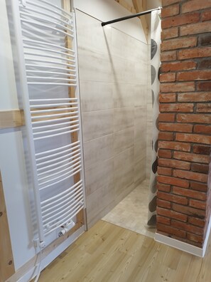 Shower, free toiletries, hair dryer, towels