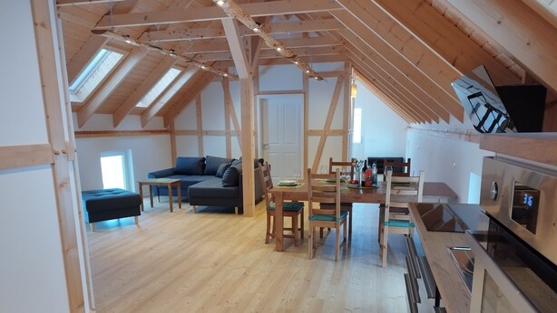 A loft-style room with a dining area, a sofa, and a kitchen with a stainless steel oven. - Apartment 'Kleine Auszeit 1' with Private Terrace and Wi-Fi (Forst)