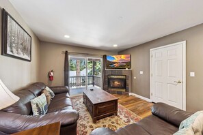 Smart TV, fireplace, video games, DVD player