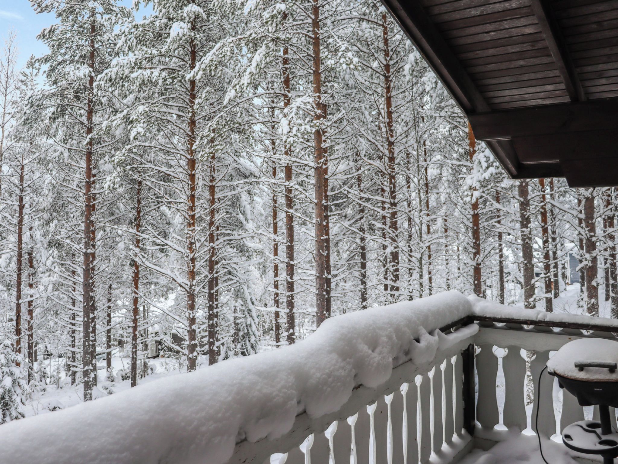 Un balcone innevato con ringhiera, affacciato su una fitta foresta di alberi carichi di neve.