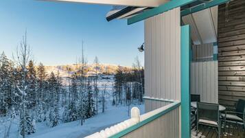 A balcony with a view of a snowy landscape and a wooden wall.