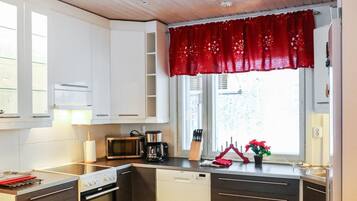 Fridge, microwave, dishwasher, cookware/dishes/utensils