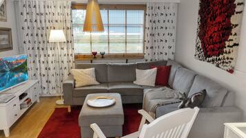 A modern living room with a grey sofa, a white armchair, a red rug, and a television displaying a mountain scene.