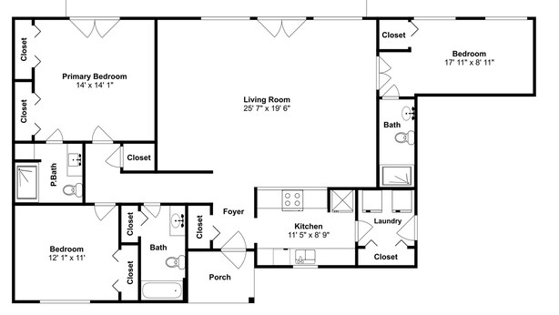 A floor plan of a house with a deck, primary bedroom, living room, kitchen, and two bedrooms. - Going Coastal by Miss Kitty’s (Rockport)