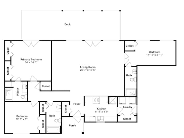 A floor plan of a house with a deck, primary bedroom, living room, kitchen, and two bedrooms. - Going Coastal by Miss Kitty’s (Rockport)