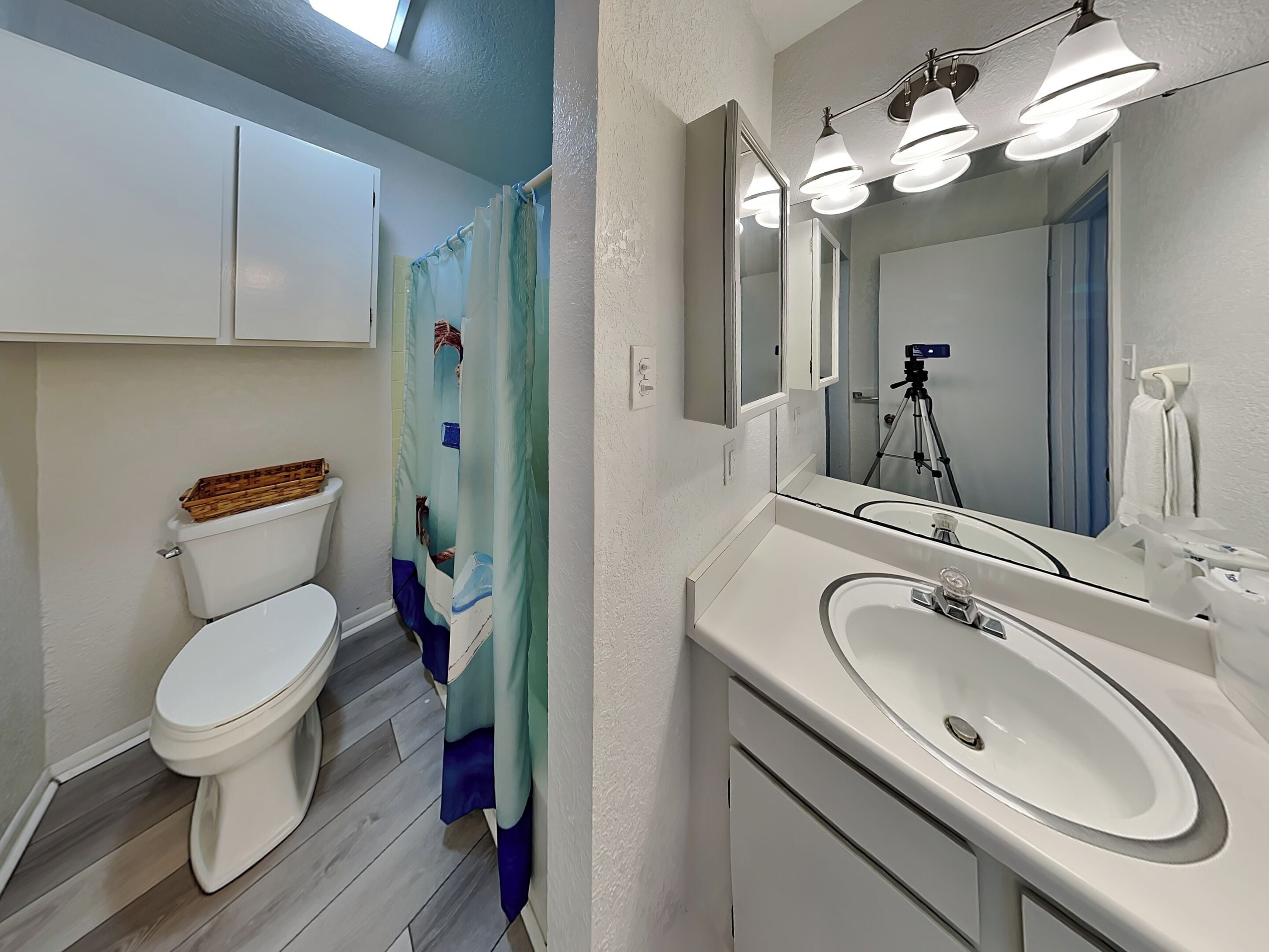 A bathroom with a toilet, a sink, a mirror, and a shower curtain.
