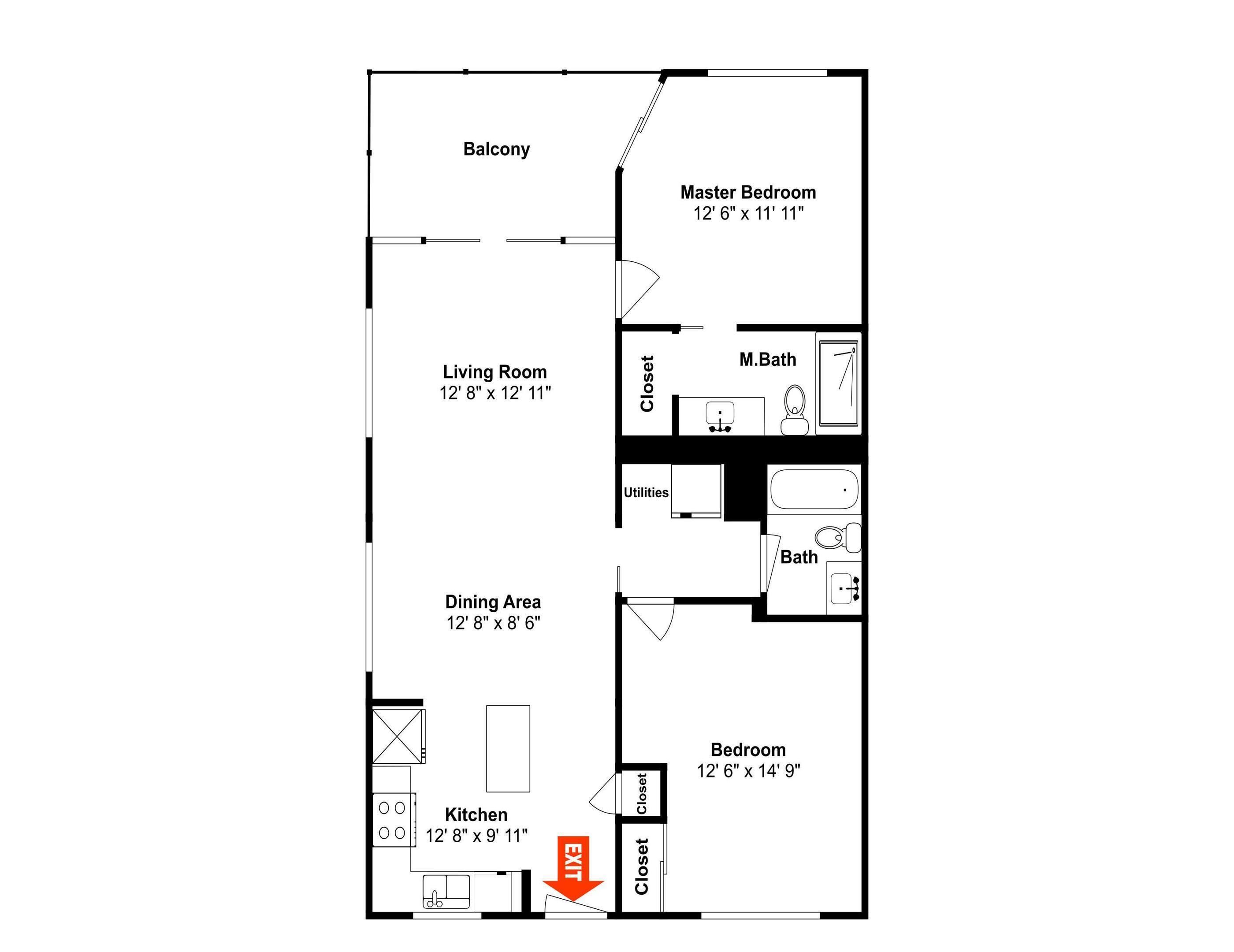 Grundriss einer Wohnung mit Balkon, Schlafzimmer, Wohnzimmer, Essbereich, Küche und zwei weiteren Schlafzimmern.
