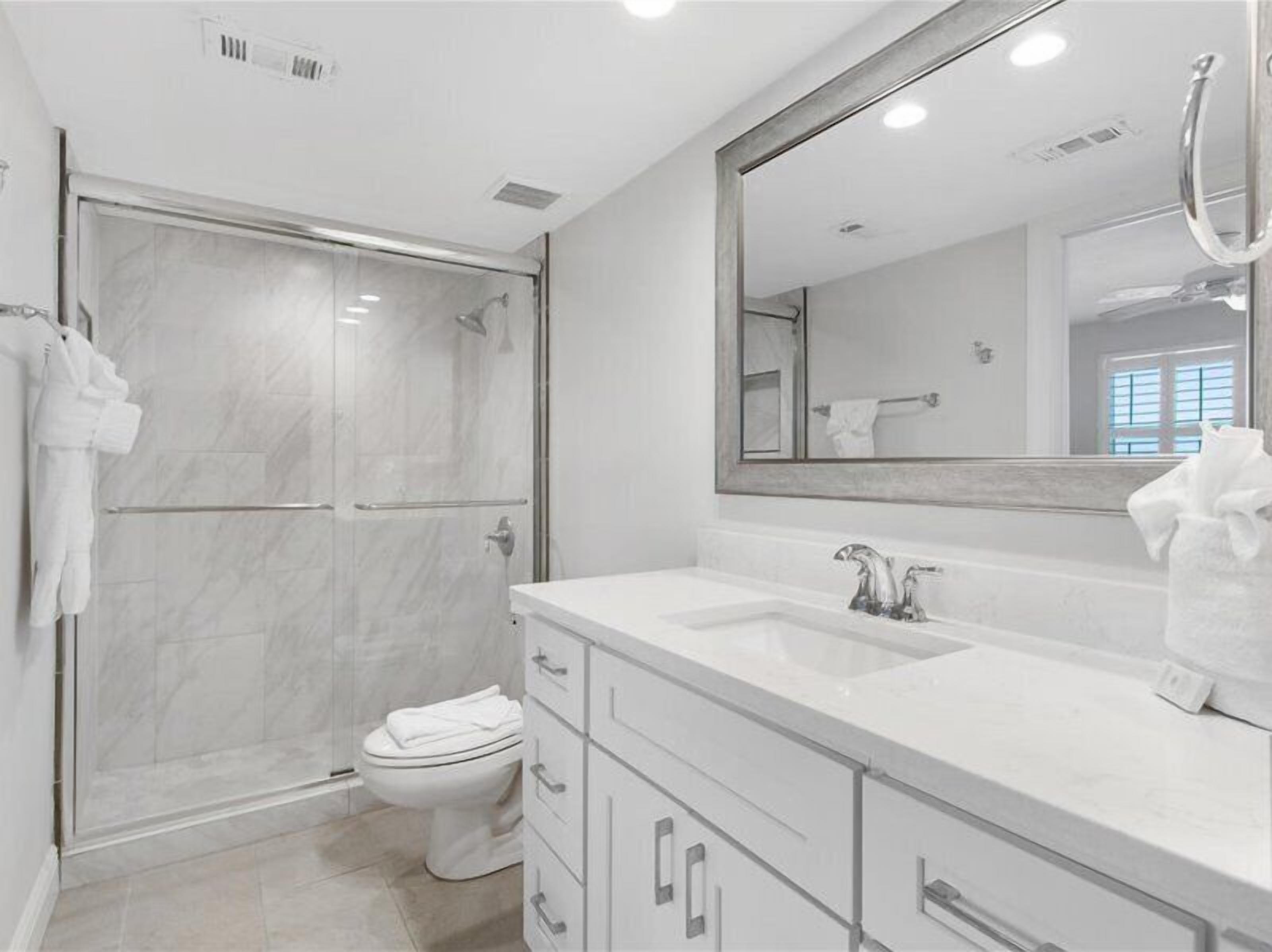 A modern bathroom with a walk-in shower, a toilet, and a large mirror above the sink.