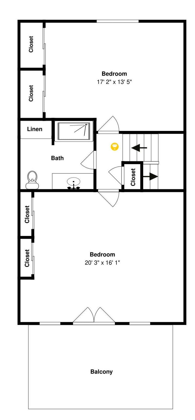 Planta baixa com dois quartos, varanda, banheiro, um armário para roupas e closets.