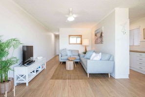 A living room with a TV, sofa, coffee table, and a plant.