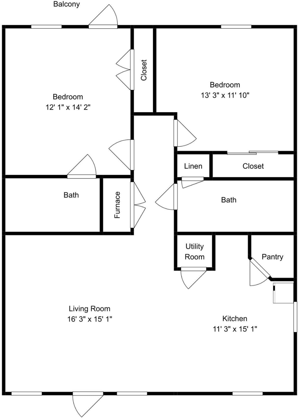 En plantegning viser en balkon, to soveværelser, et vaskerum, en stue, et køkken, et badeværelse, et fyrrum og et skab.