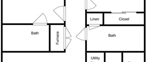 En plantegning viser en balkon, to soveværelser, et vaskerum, en stue, et køkken, et badeværelse, et fyrrum og et skab.