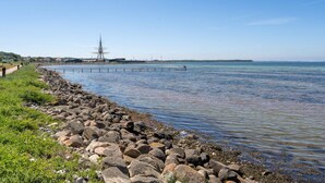 Een kustlandschap met een rotsachtige oever, een steiger die zich uitstrekt in rustig water, en een helderblauwe lucht.