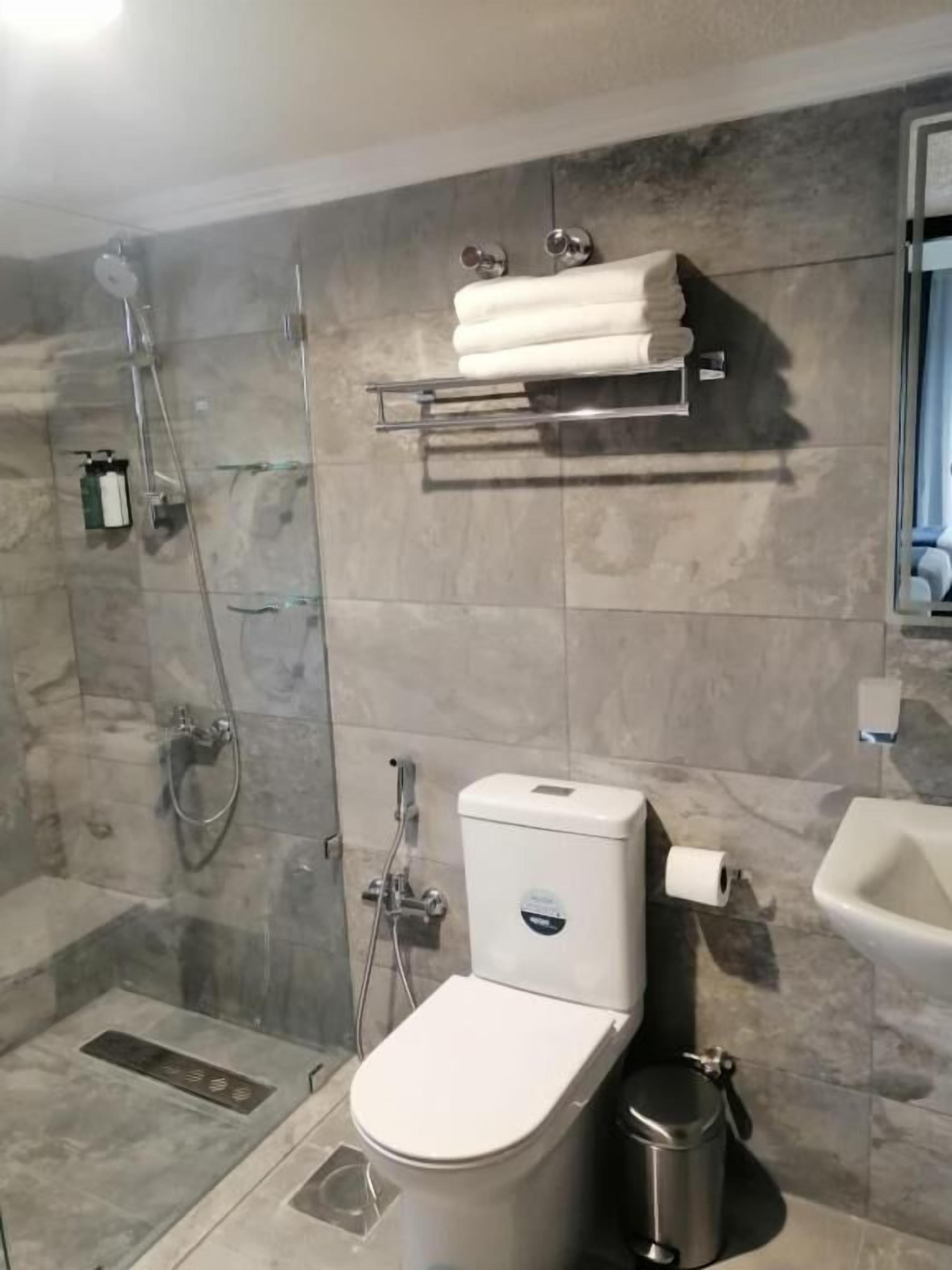 A bathroom with a toilet, shower, and sink.