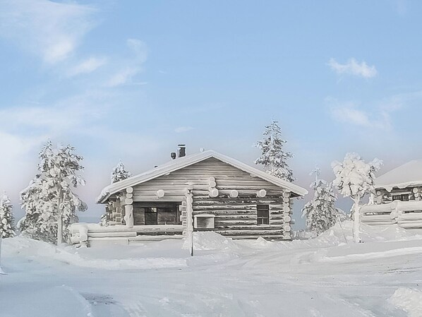 A log cabin with a gabled roof, surrounded by snow-covered trees.