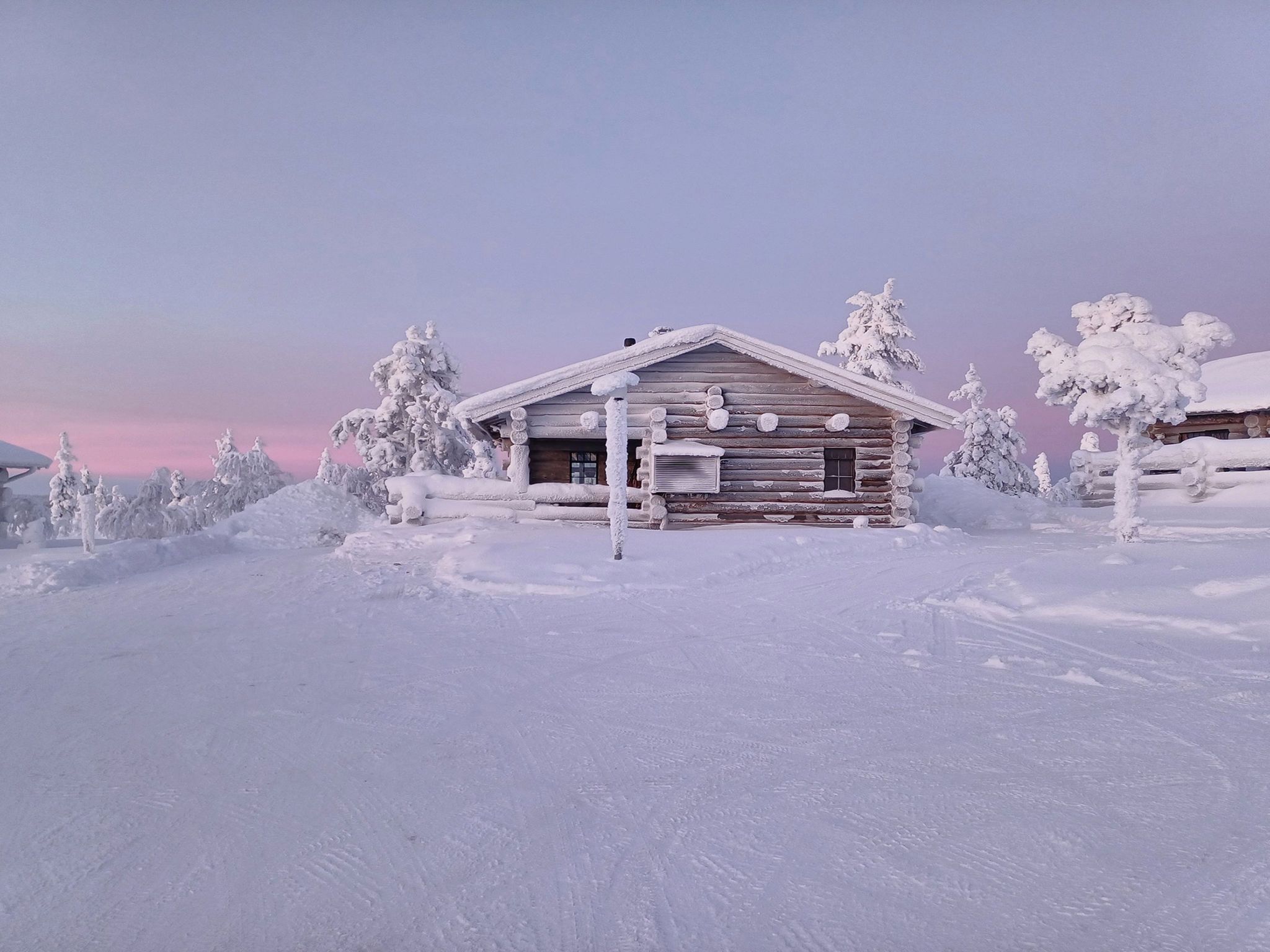 Une cabane en rondins entourée d’arbres couverts de neige.
