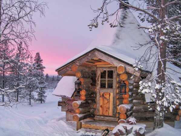 A log cabin with a wooden door and windows, surrounded by snow-covered trees.
