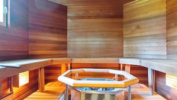 A sauna with benches and a central heating element.