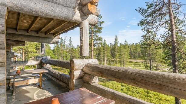 Una estructura rústica de madera con una banca y una mesa, en un entorno forestal natural.