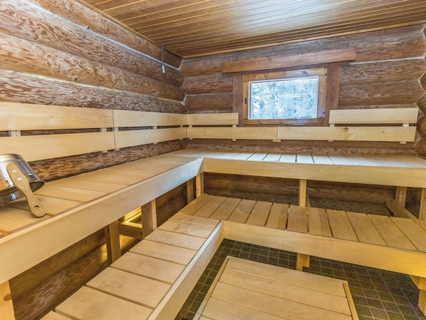 A sauna room with wooden benches and a window.
