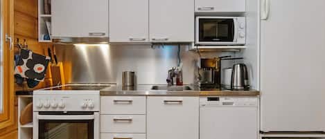 A compact kitchen with white cabinetry, a built-in oven, a microwave, and a dishwasher.