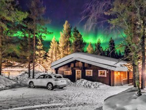 A cabin with a car parked in front, surrounded by snow and trees, under a night sky with the aurora borealis. - Alkuvilla by Interhome (Inari)