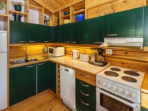 A compact kitchen with green cabinets, a white stove, a microwave, and a dishwasher.