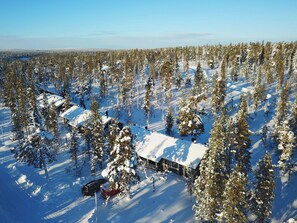 Un bosque cubierto de nieve con una cabaña y un coche aparcado en la entrada.