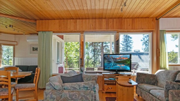 Un accogliente soggiorno con soffitto in legno, una televisione, due divani decorati, un tavolino in legno e un'area pranzo con tavolo e sedie.