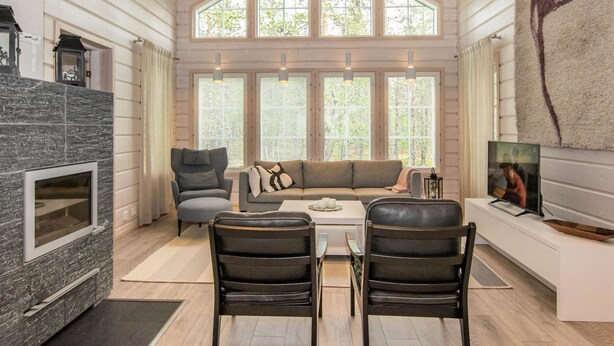 Ein geräumiges Wohnzimmer mit Kamin aus Stein, einem großen Fenster mit vielen Sprossen, einem grauen Sofa, einem Couchtisch und einem Fernseher auf einer weißen Konsole.