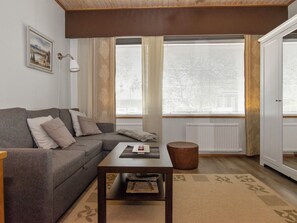 Een moderne woonkamer met een grijze bank, een houten salontafel en een kamerkleed met dessin.