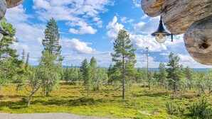 Een rustieke blokhut met houten plafond en een bel eraan, met uitzicht op een bebost landschap.