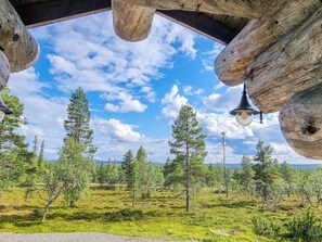 Une cabane offrant une vue sur une forêt et un ciel dégagé.
