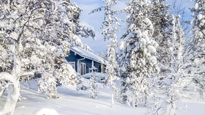 A snow-covered landscape with a cabin.