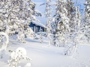 Un paysage enneigé avec une maison et des arbres.