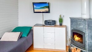 Ein gemütliches Wohnzimmer mit einer Couch, einem flachbildfernseher an der Wand, einem weißen Schrank mit Schubladen, einem Kamin mit Holz und einer kleinen Topfpflanze.
