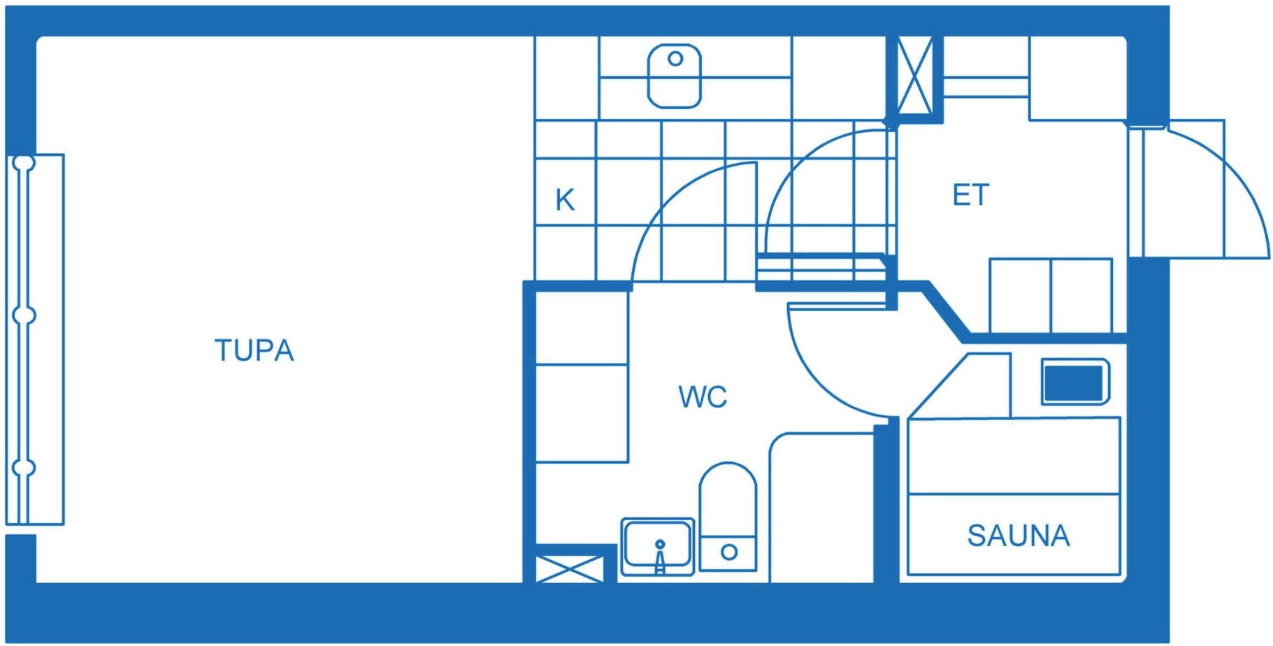 A floor plan with labeled rooms including a TUPA, WC, ET, and SAUNA.