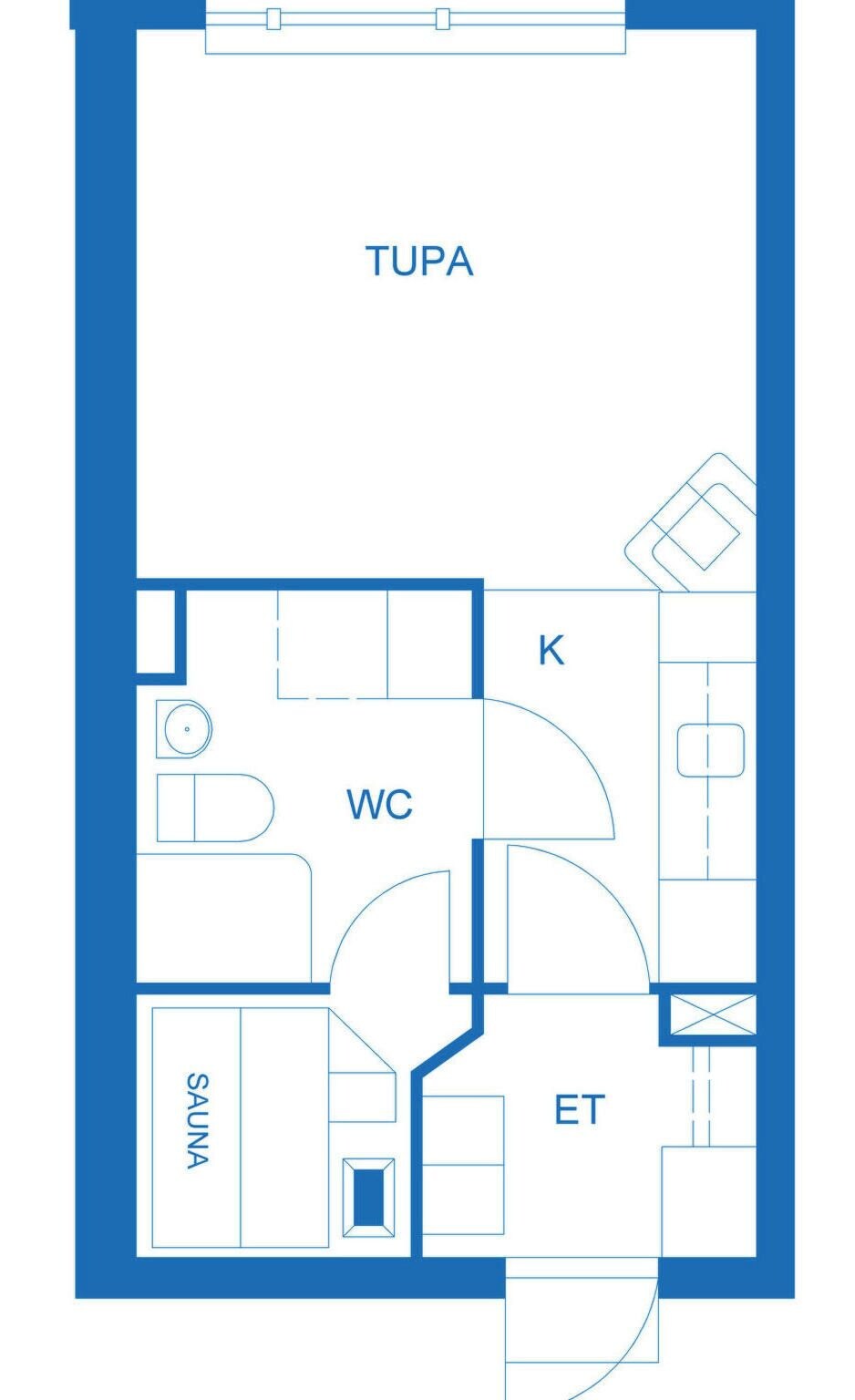 Un plan d’étage comprenant un espace détente (TUPA), des toilettes (WC), un sauna et une salle de sport (ET).