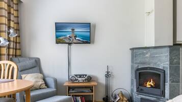 Tunnelmallinen olohuone, jossa on takka, seinälle asennettu televisio, sohva, pieni pöytä ja kirjahylly.