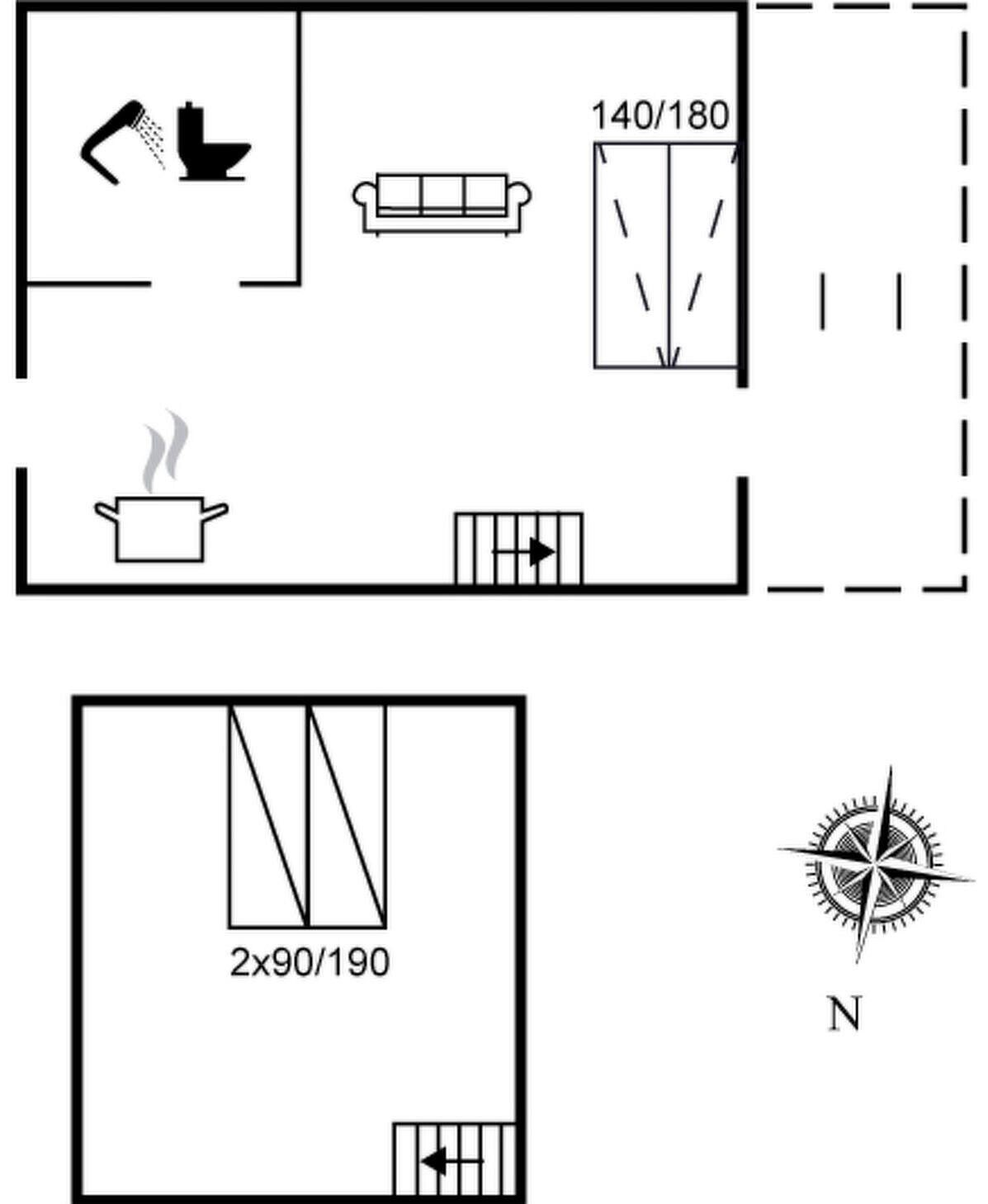 Un plan d’étage comprenant une salle de bain, un espace de vie et une cuisine.