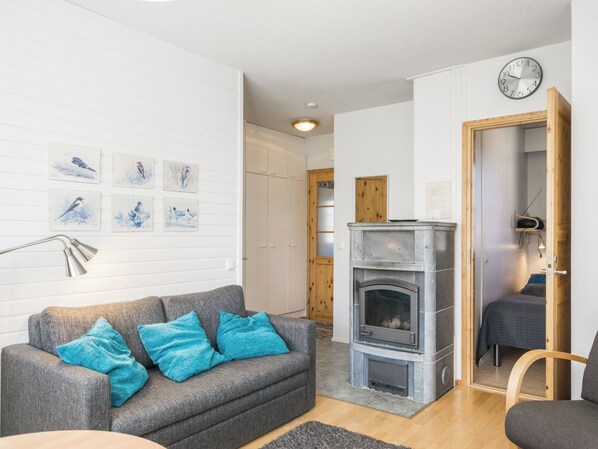A modern living room with a grey sofa, teal cushions, a fireplace, and a wall with bird paintings.