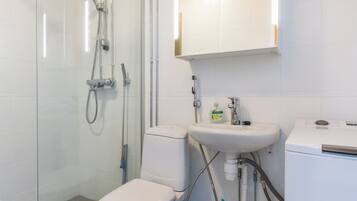 Une salle de bain équipée d’une douche, de toilettes, d’un lavabo et d’un lave-linge.