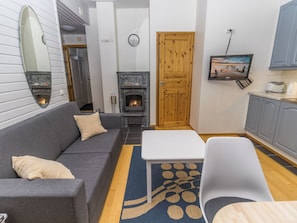 Un salon chaleureux avec un canapé, une cheminée, une porte en bois et un coin cuisine équipé de placards et d’un téléviseur.