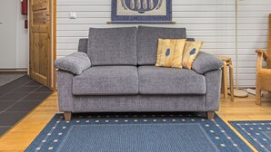 A grey sofa with two cushions, a blue patterned rug, a wooden door, and a wall-mounted artwork.