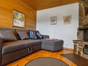 Ein gemütliches Wohnzimmer mit einem grauen Modulsystem, einem Kamin aus Stein und Kunstwerken an den Wänden.