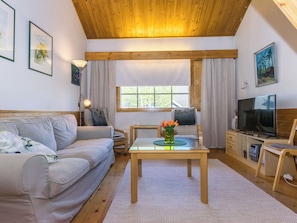 Un salon chaleureux avec un plafond en bois, un canapé, une table basse ornée d’un vase de fleurs, un téléviseur et une fenêtre avec des rideaux.