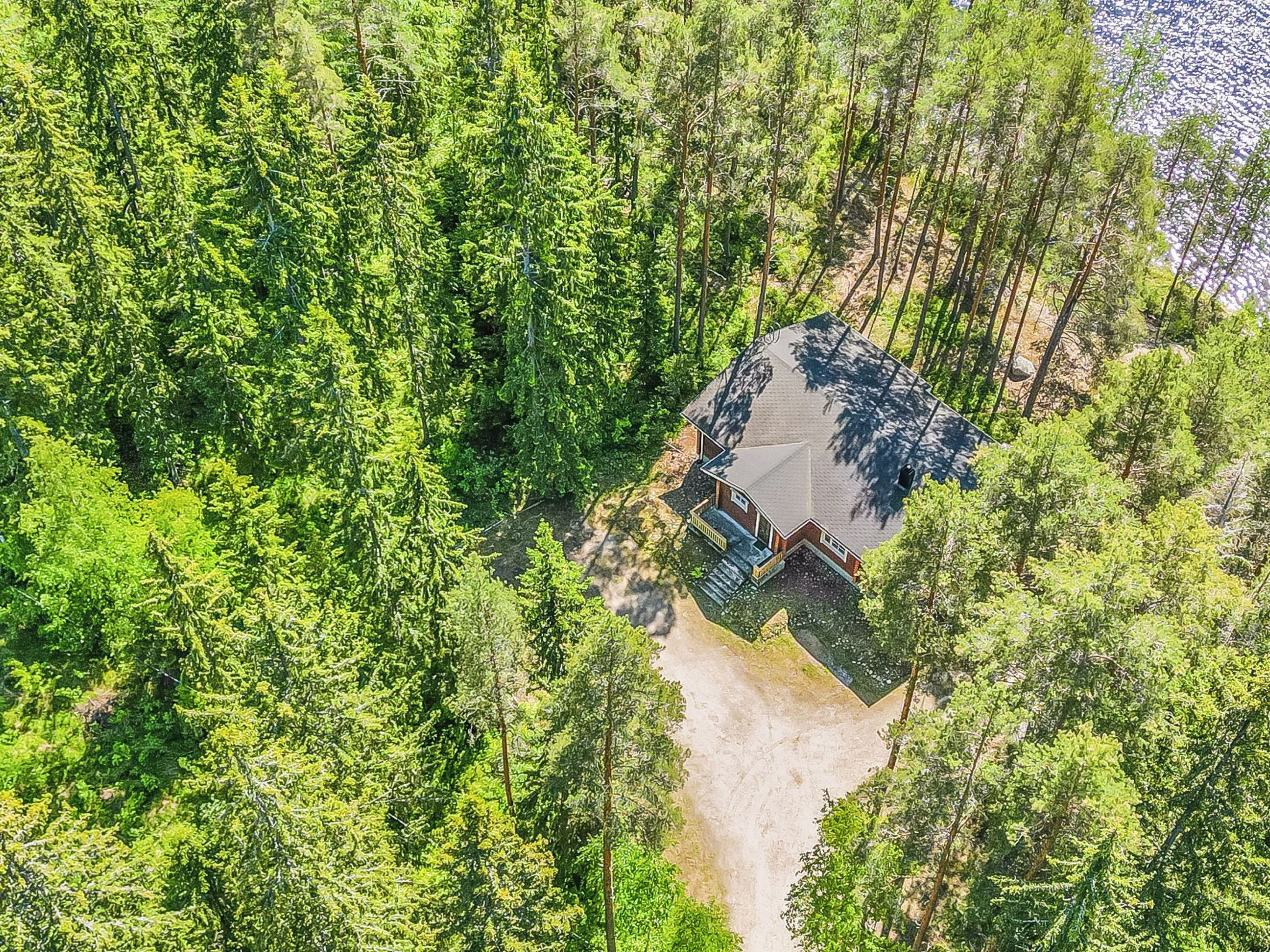 Una casa rodeada de un bosque frondoso, con un camino de entrada visible.