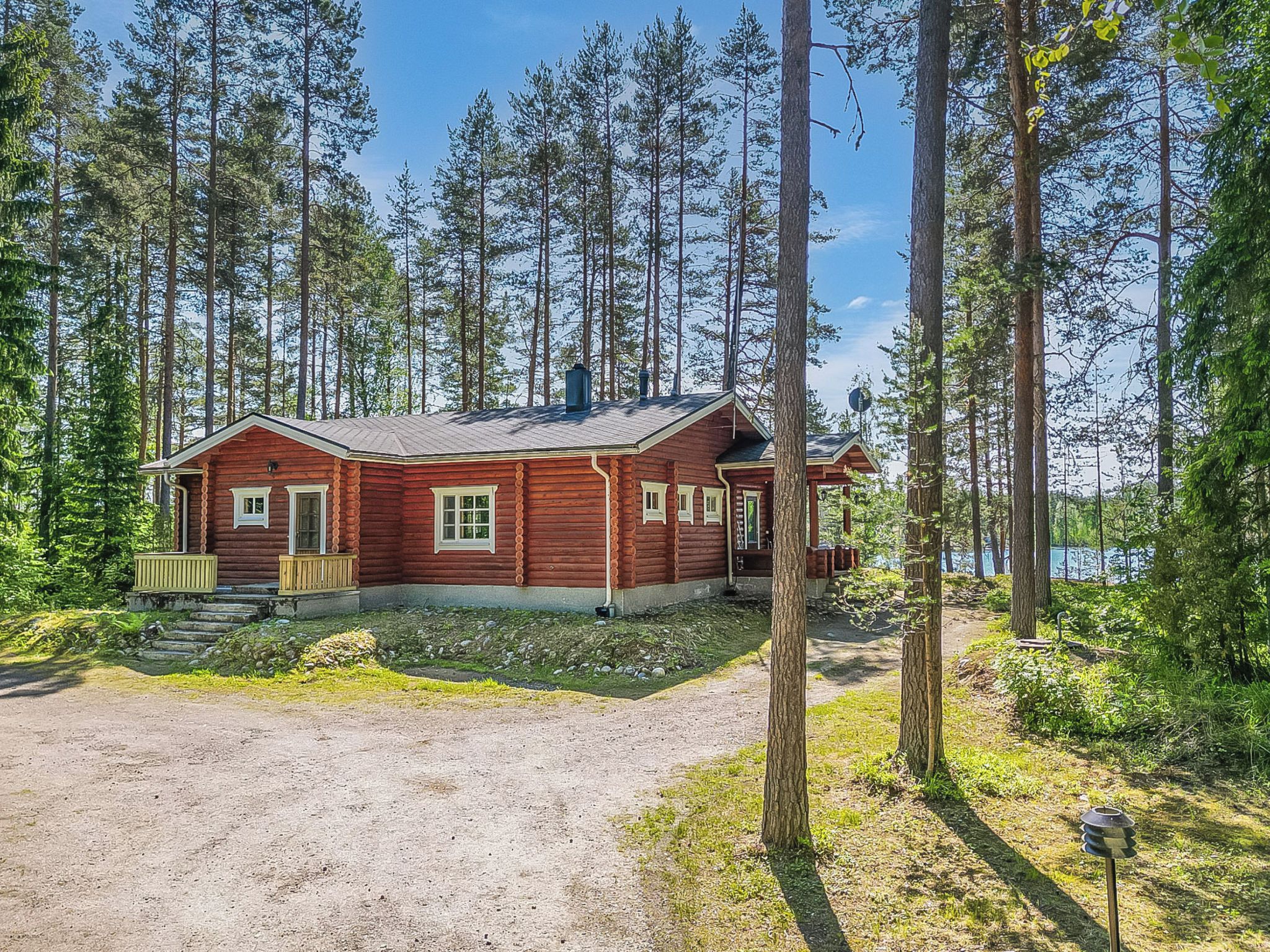 Een chalet met een grindpad, omringd door hoge bomen en een heldere lucht.